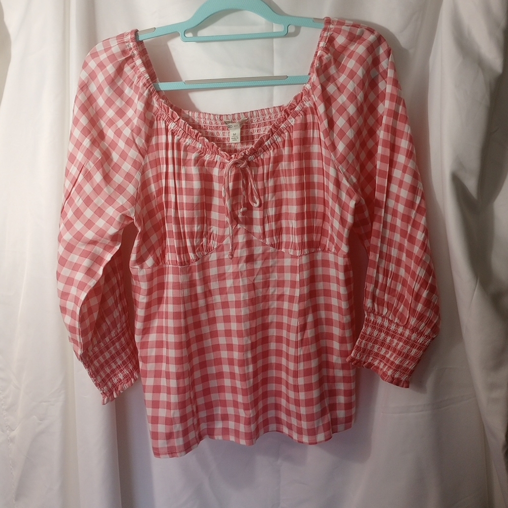 Cato Babydoll Top Pink Checked Peplum 3/4 Sleeve Medium Boho Milkmaid 90's Y2K